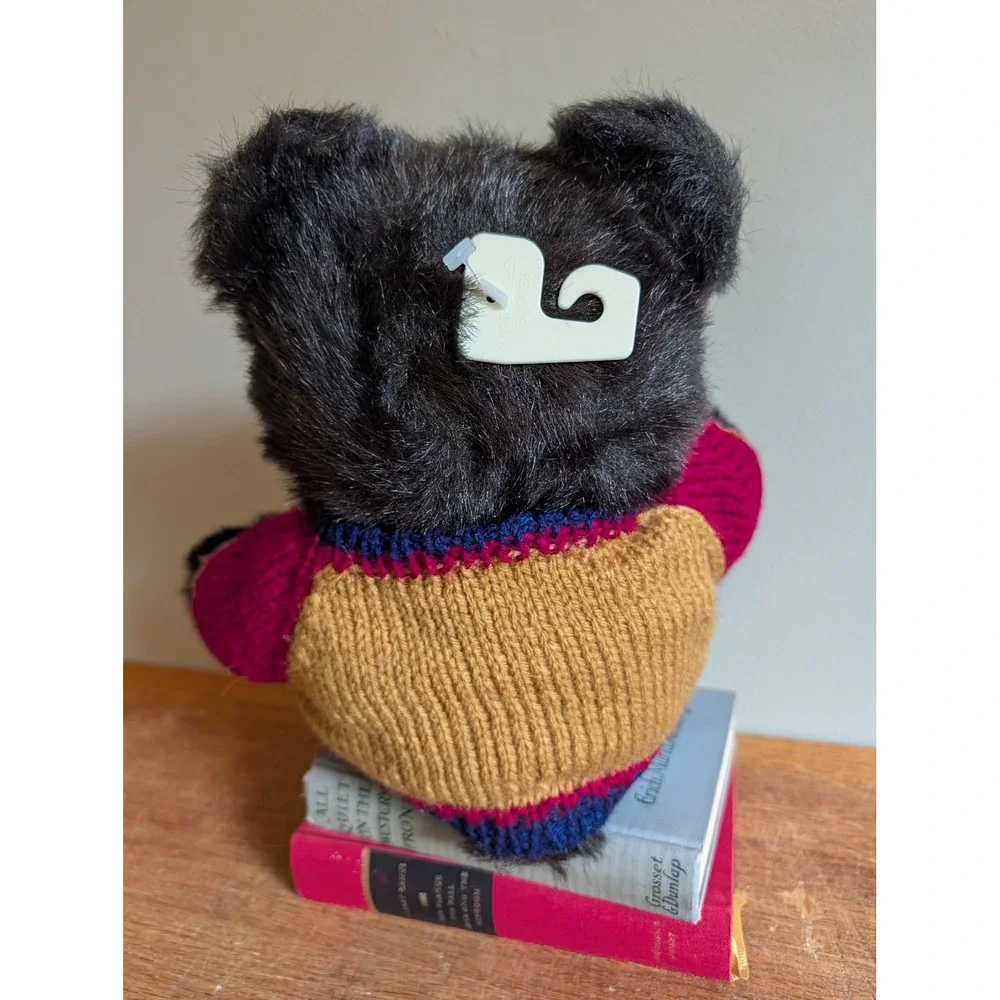 Vtg 90s Plush Black Bear Hand Knit Sweater Christmas Tree Winter 12in MTY Int'l